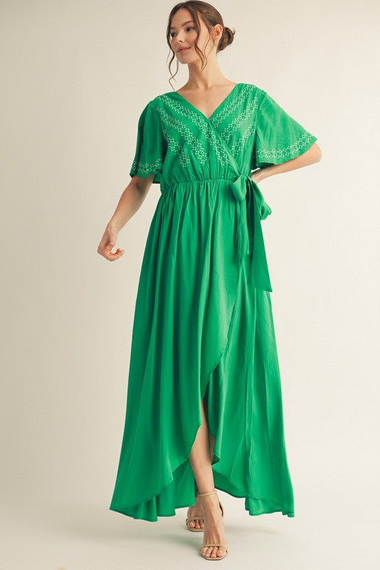 Green Waist Tie Wrap Style Maxi Dress
