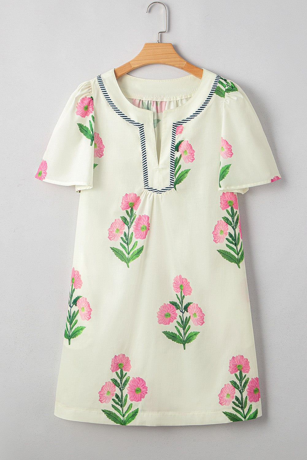 Striped Short Sleeve Split Neck Floral Mini Dress
