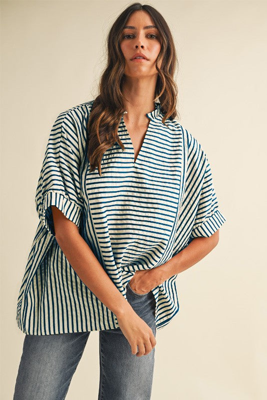 Stripe Ruffle Neck Loose Fit Blouse