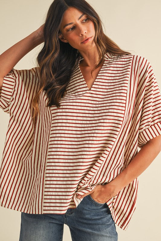 Stripe Ruffle Neck Loose Fit Blouse