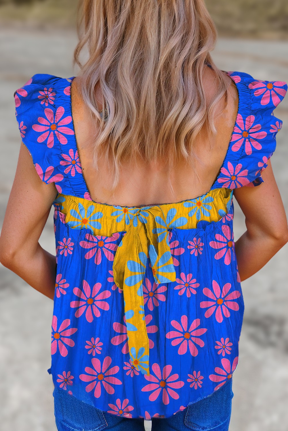 Flower Colorblock Smocked Flutter Straps Flowy Top