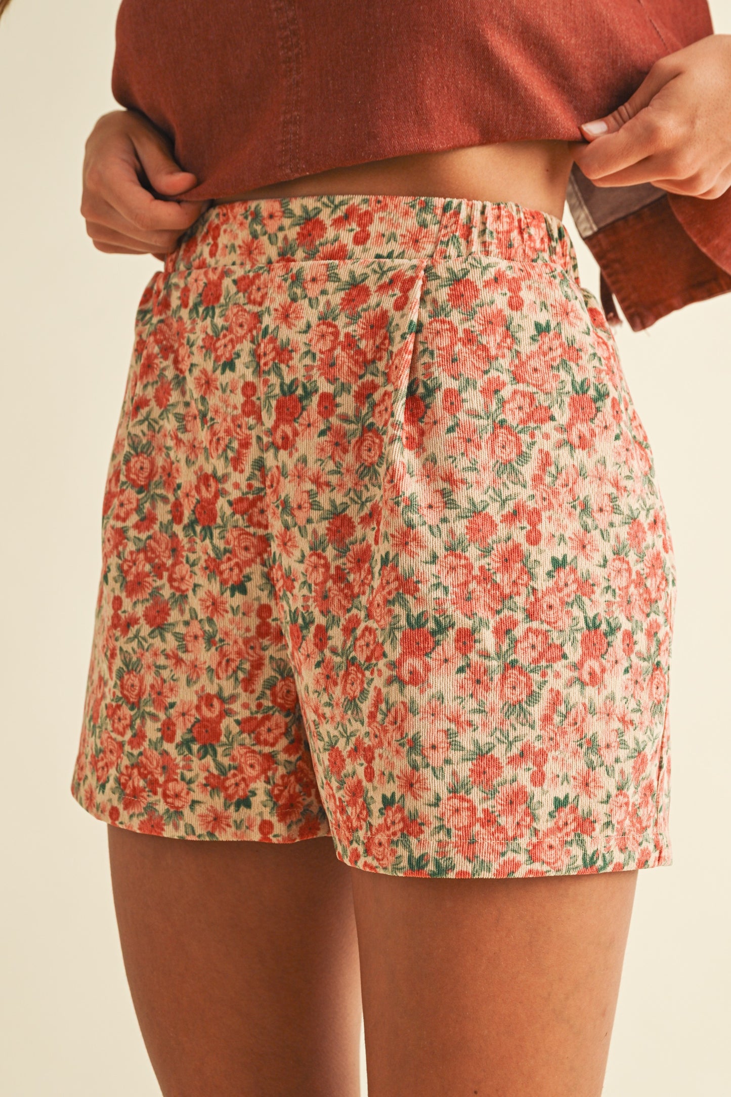 Rose Print Corduroy Shorts