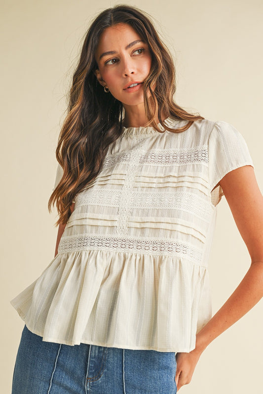 Lace Trimmed Pintuck Detail Peplum Tencel Blouse
