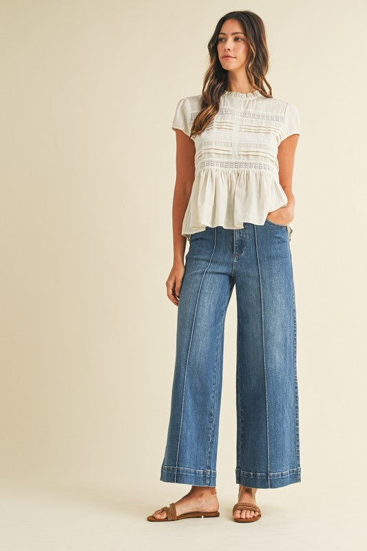 Lace Trimmed Pintuck Detail Peplum Tencel Blouse