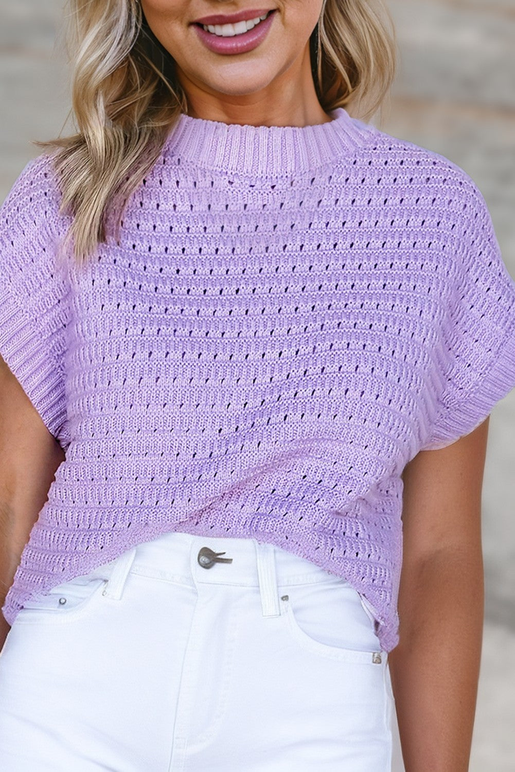 Purple Solid Color Ribbed Trim Pointelle Knit Top