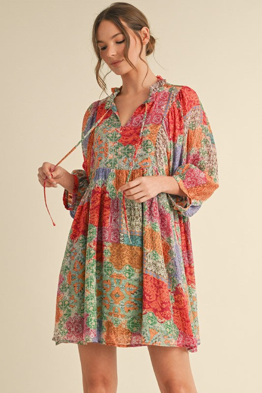 Lavender Multicolor Print 3/4 Sleeves Dress