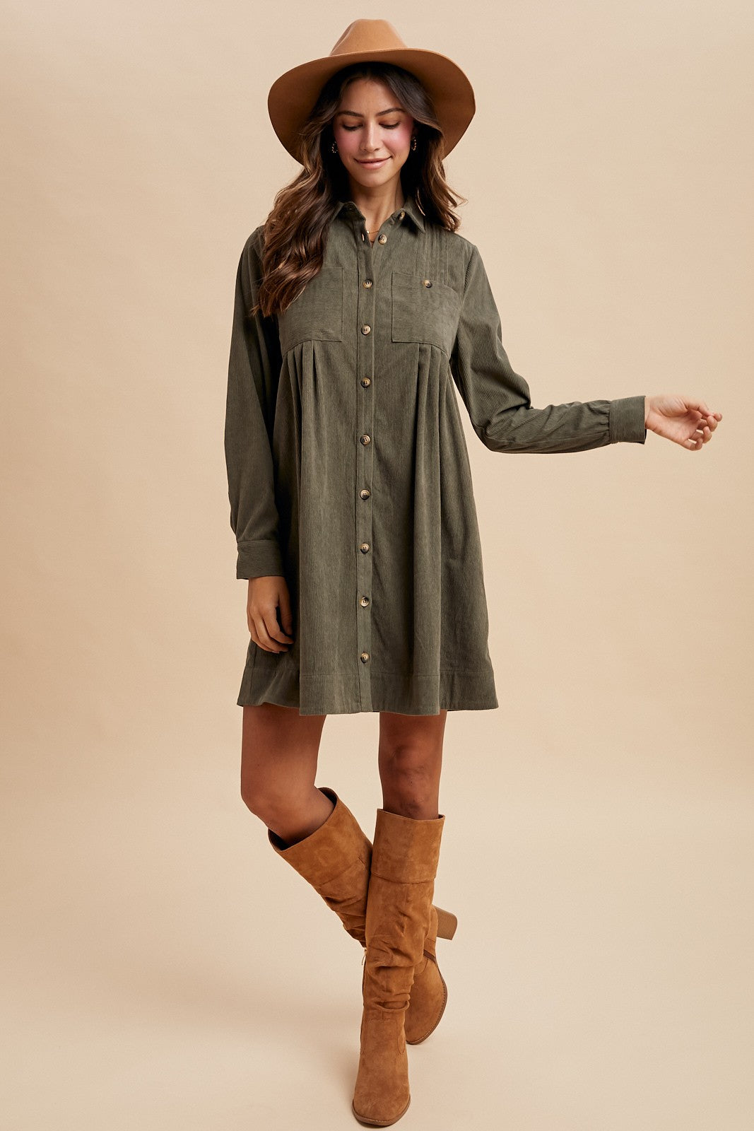 Corduroy Pintuck Detail Mini Shirt Dress