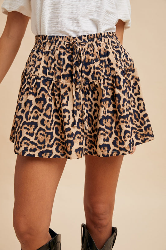 Leopard Print Pintuck Detail Flare Skirt