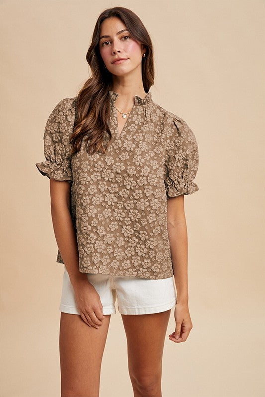 Floral Satin Jacquard Ruffle Detail Blouse