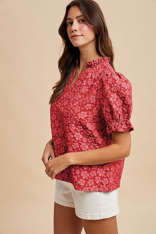 Floral Satin Jacquard Ruffle Detail Blouse