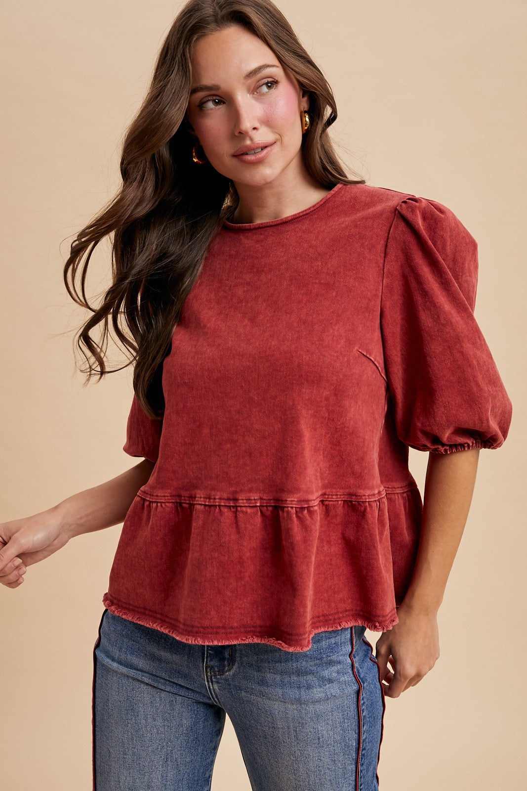 Rust Denim Ruffle Detail Back-button Blouse