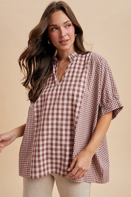 Gingham Mix Media Ruffle Neck Blouse