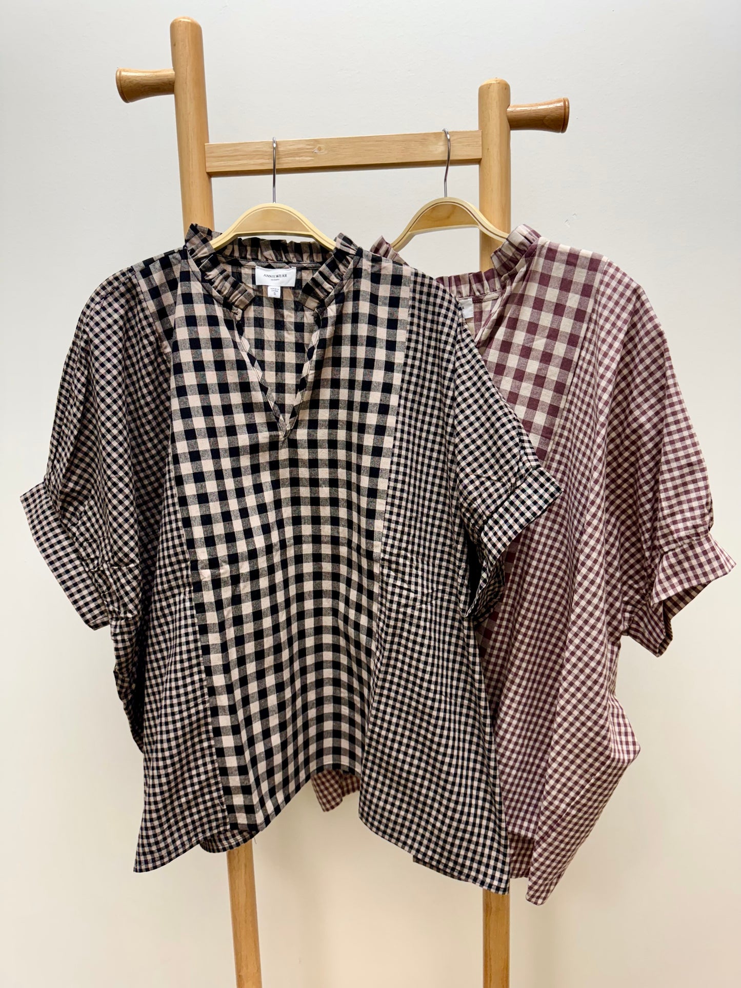 Gingham Mix Media Ruffle Neck Blouse