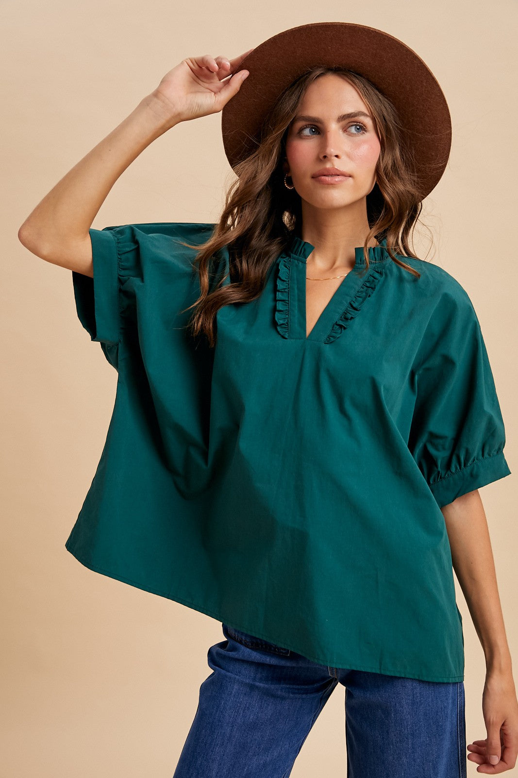 Ruffle Detail V Neck Oversized Blouse