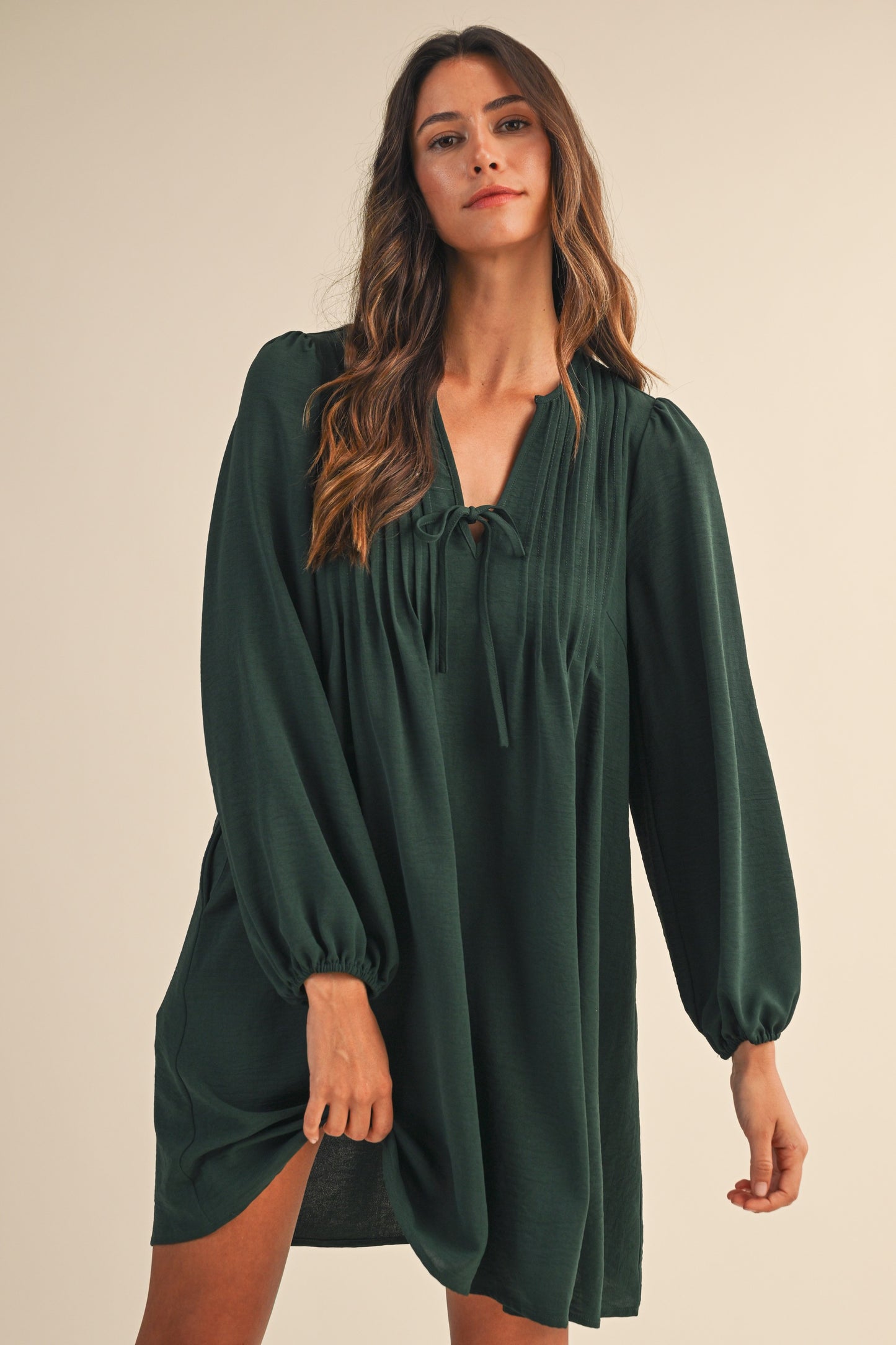 Fluid Pintuck Detail Tie Front Mini Dress
