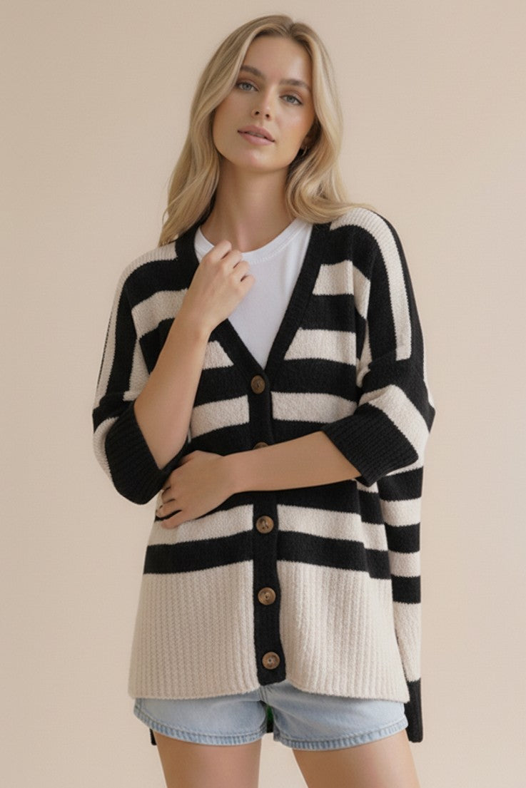 Stripe Popcorn Button Down Oversized Cardigan