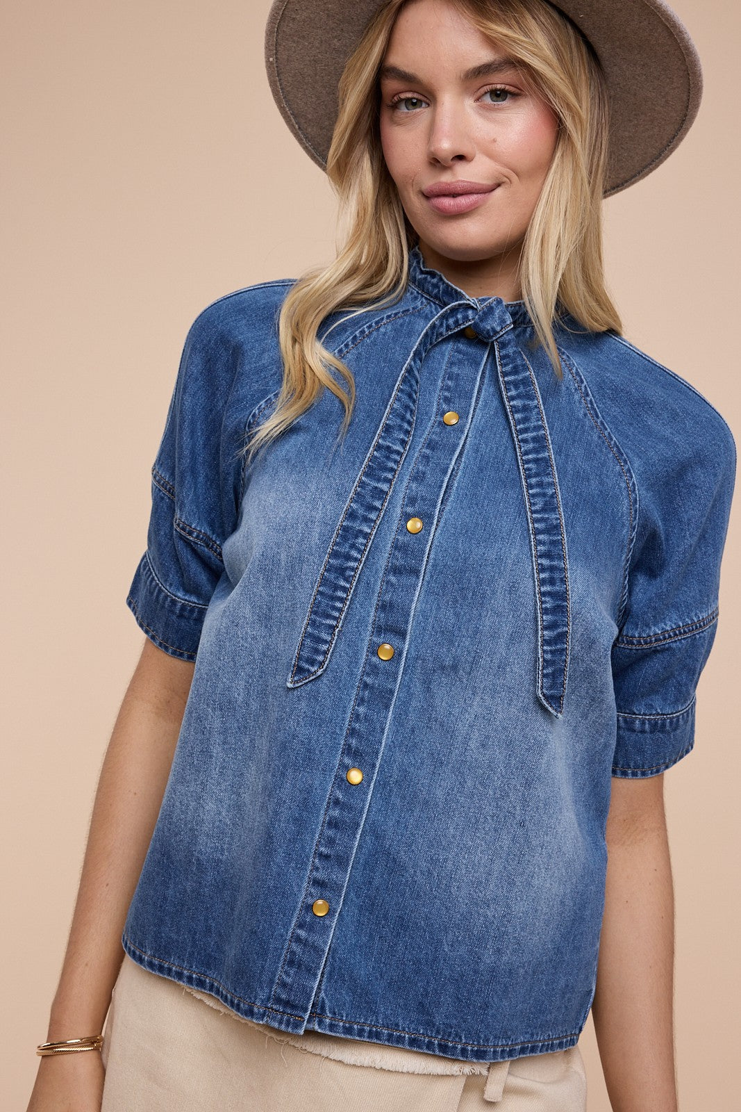 Tie-neck Button Down Denim Boxy Shirt