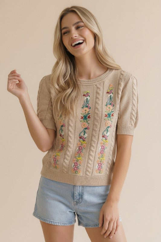 Cable Embroidery Floral Sweater Top
