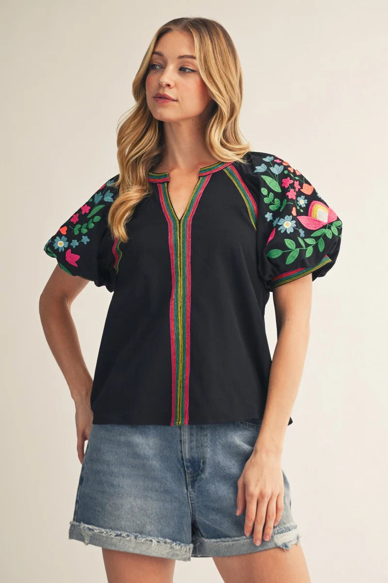 Notched V Neck Embroidered Top