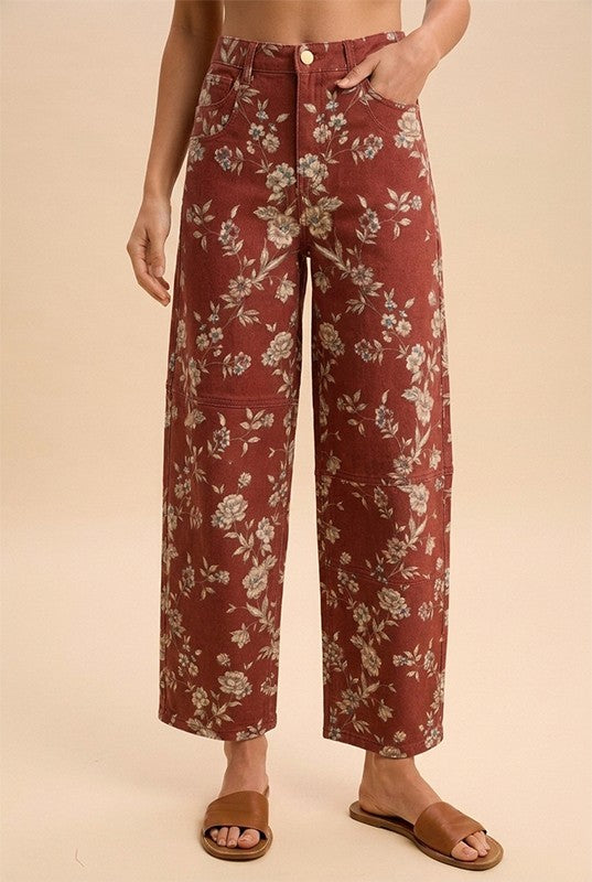 Vintage Floral Denim Barrel Leg Pants