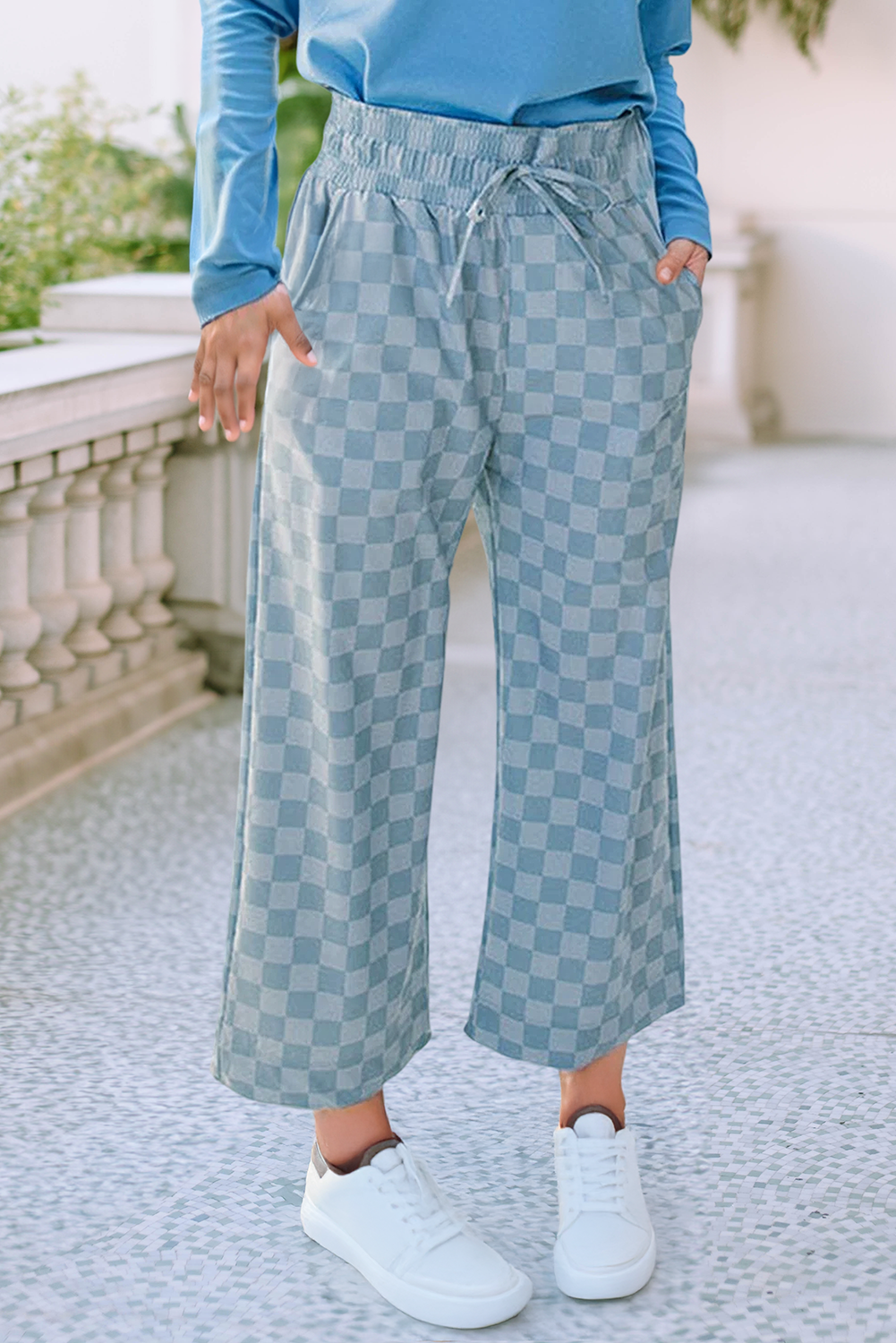 Tie Elastic Waist Checkered Loose Pants