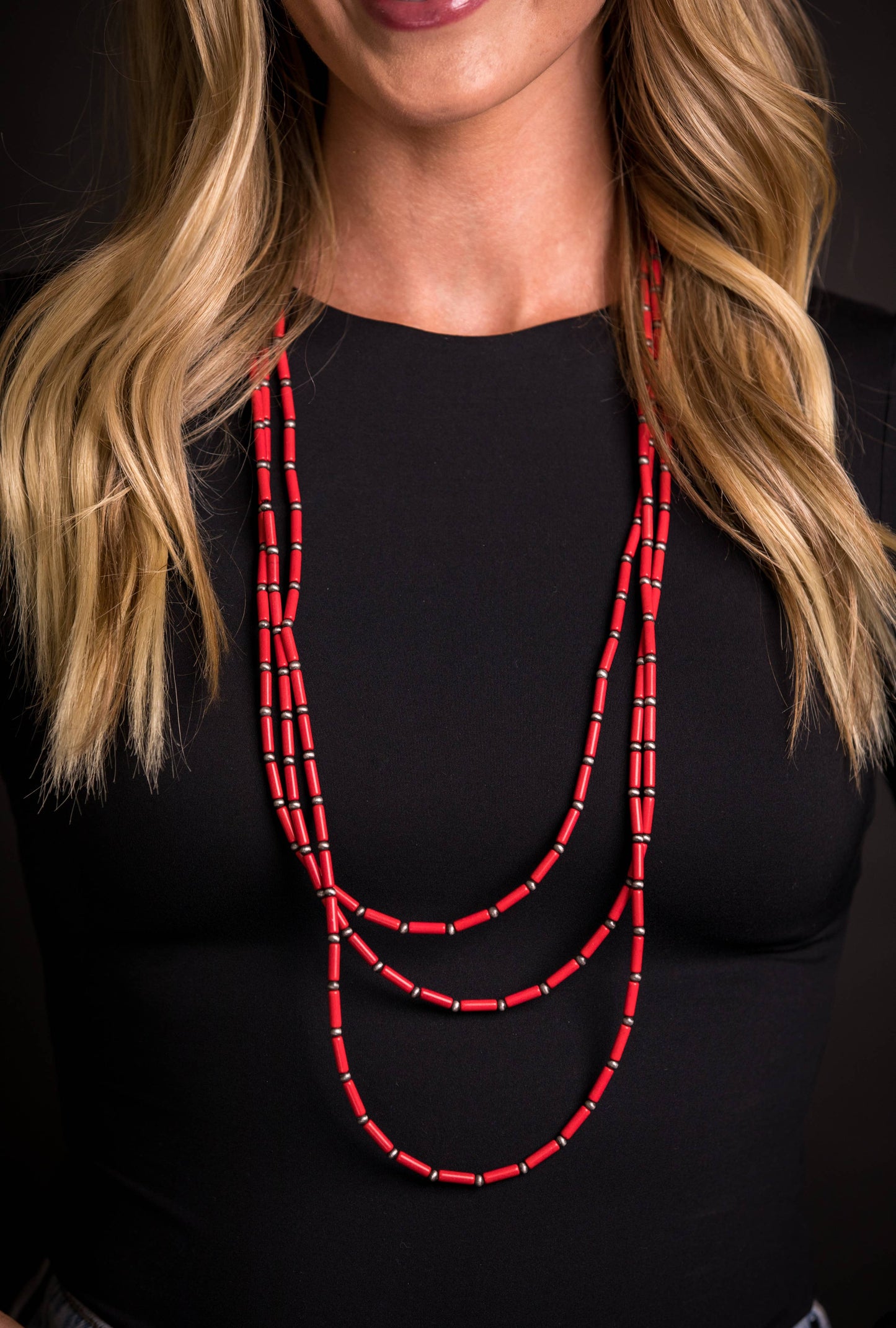 30"",32"",36"" 3 Strand Red Tube Bead & Faux Navajo Necklace