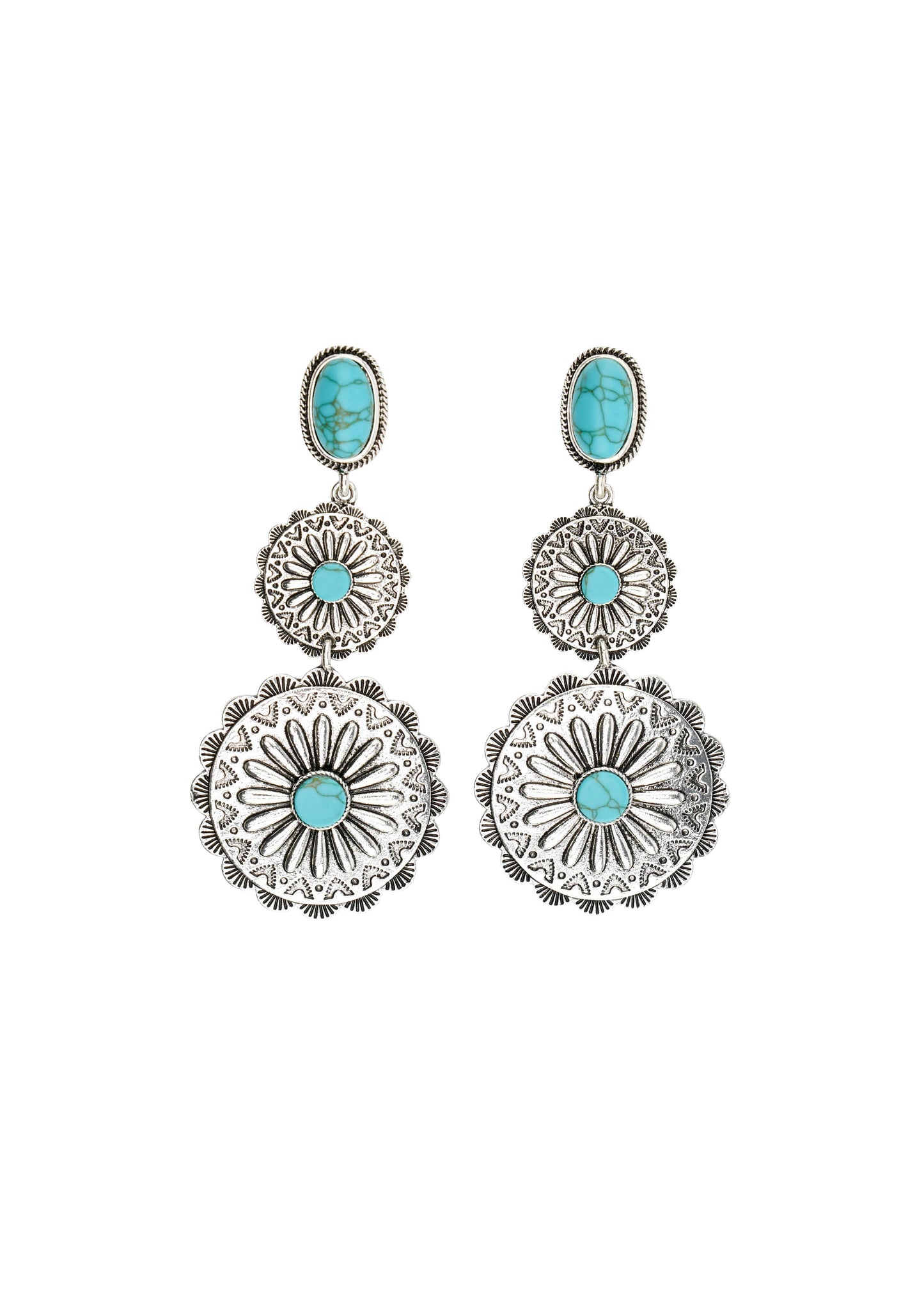 3 Tier Burnished Silver & Turq Flower Concho Earring on Post