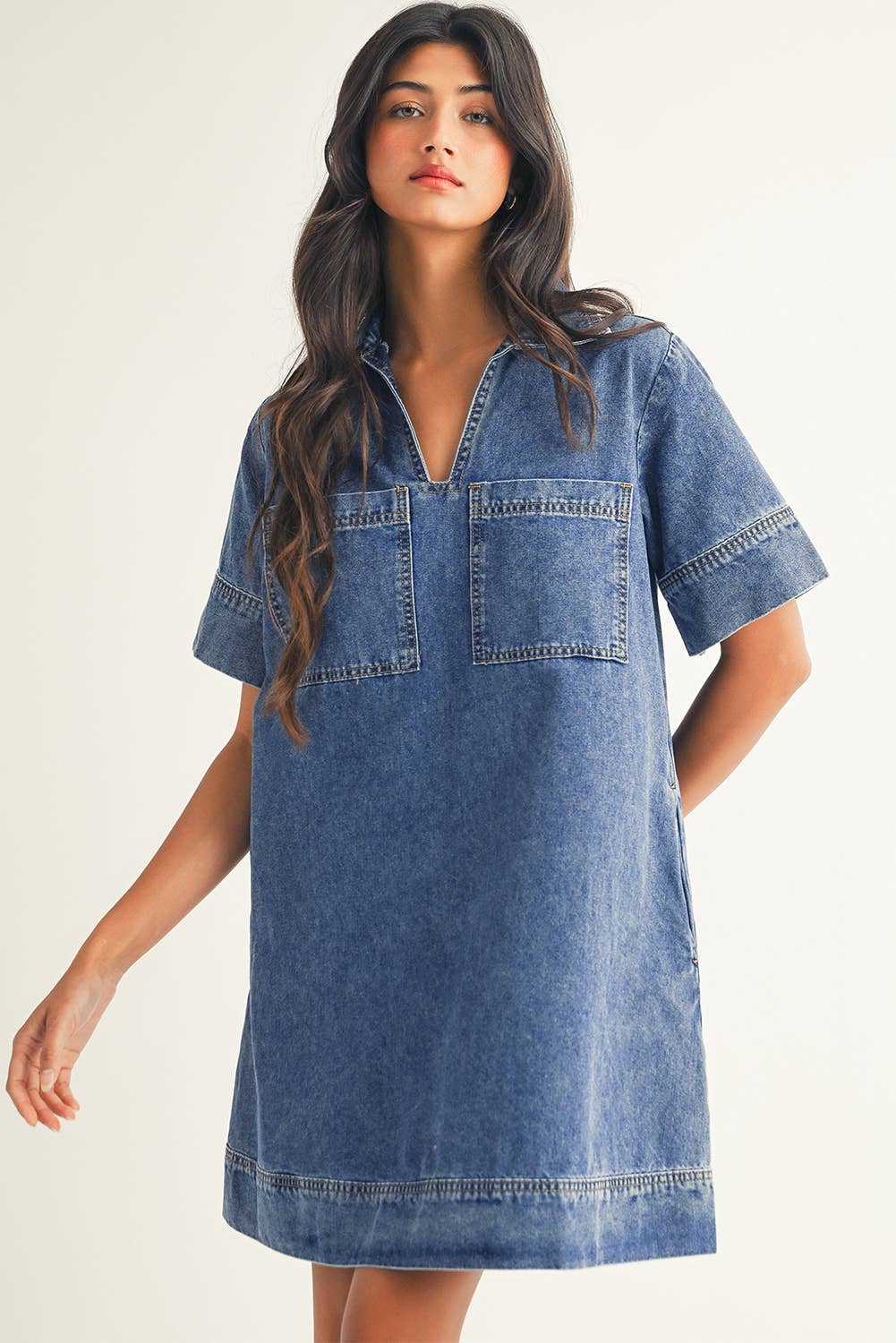 Short Sleeve Collared Patched Pocket Denim Mini Dress