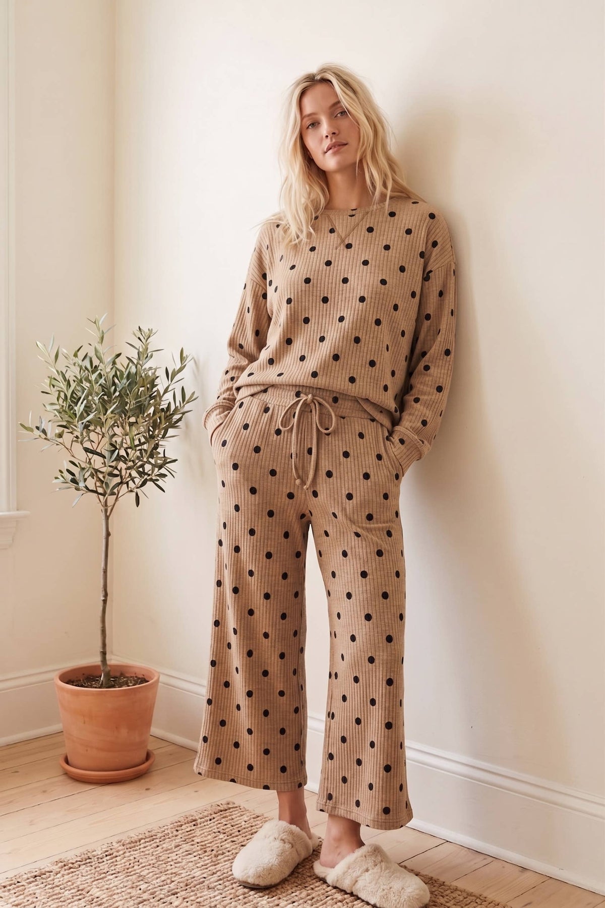 Ribbed Polka Dot Lounge Top & Wide Leg Pants Set