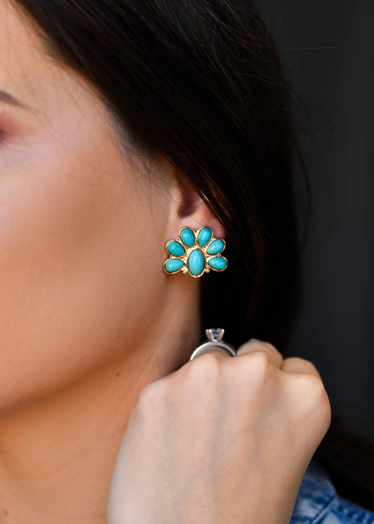 Half Flower Gold and Turquoise Post Earring