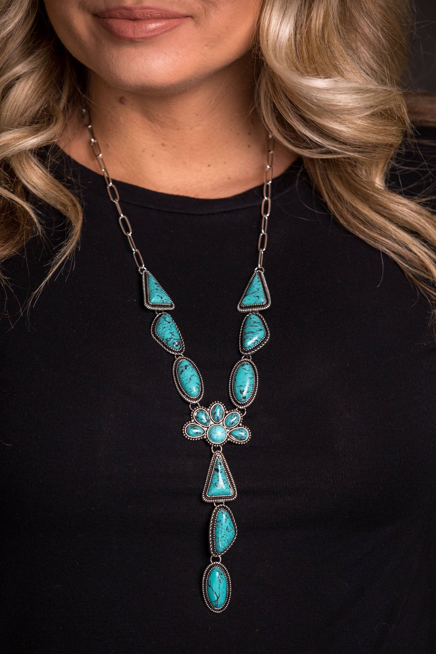 28" w/6.5" Tail Turquoise Multi Shape Concho Lariat Necklace