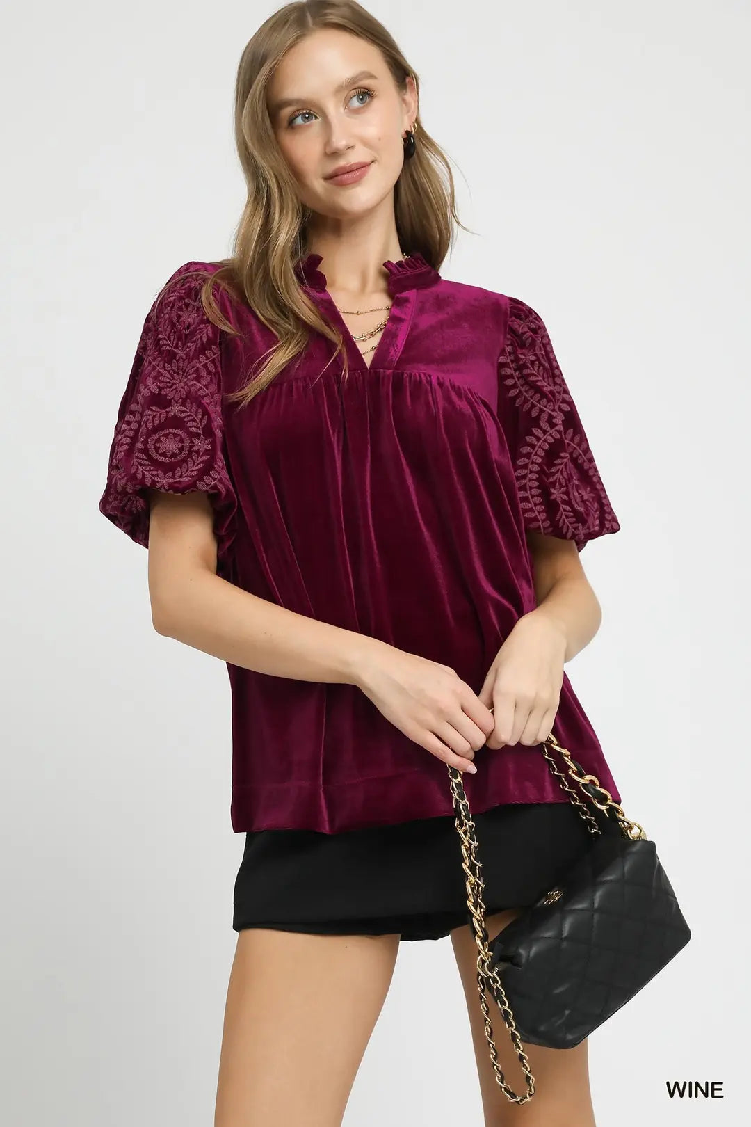 Velvet Embroidered Sleeve Top