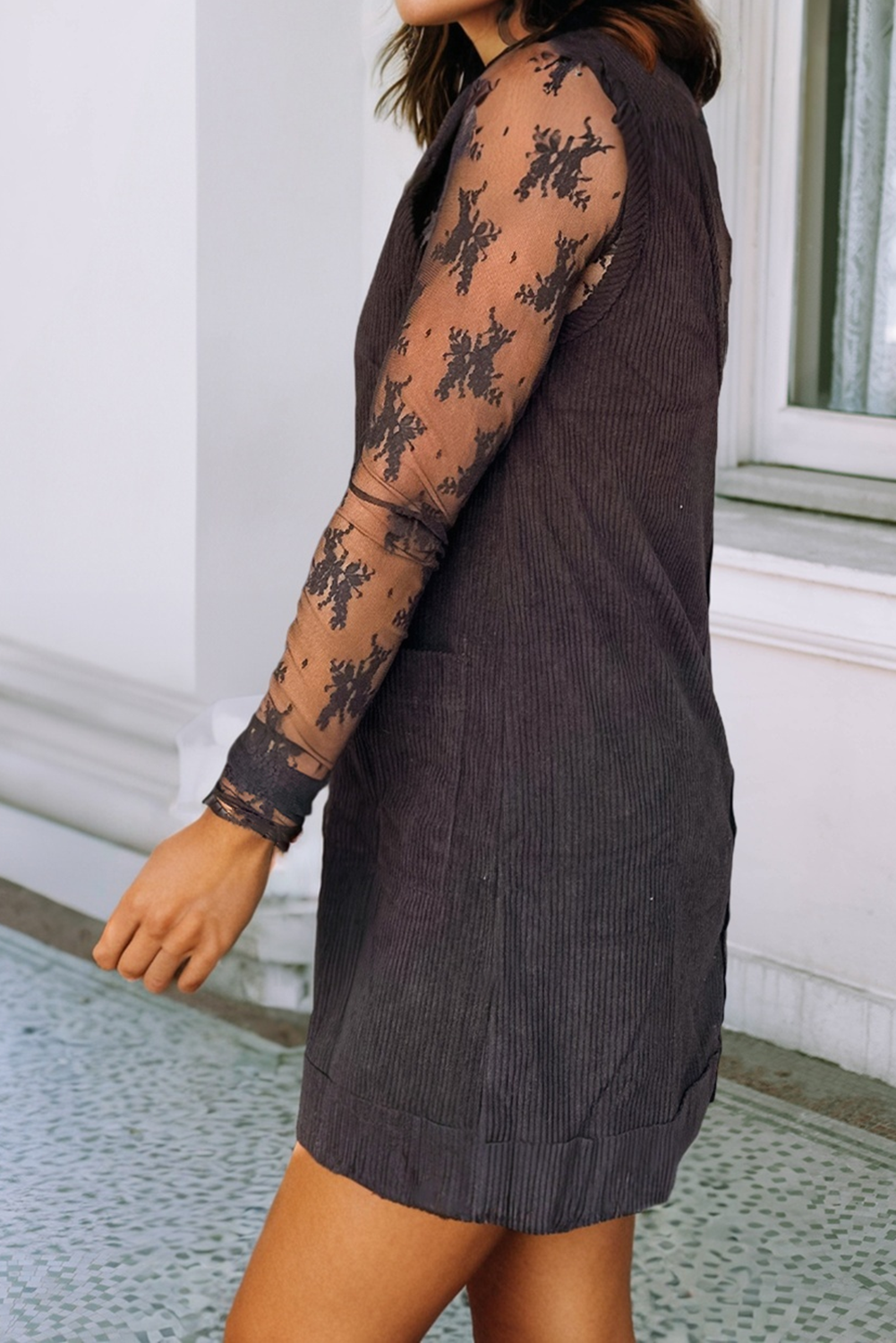 Corduroy Sleeveless Patched Pockets Mini Dress