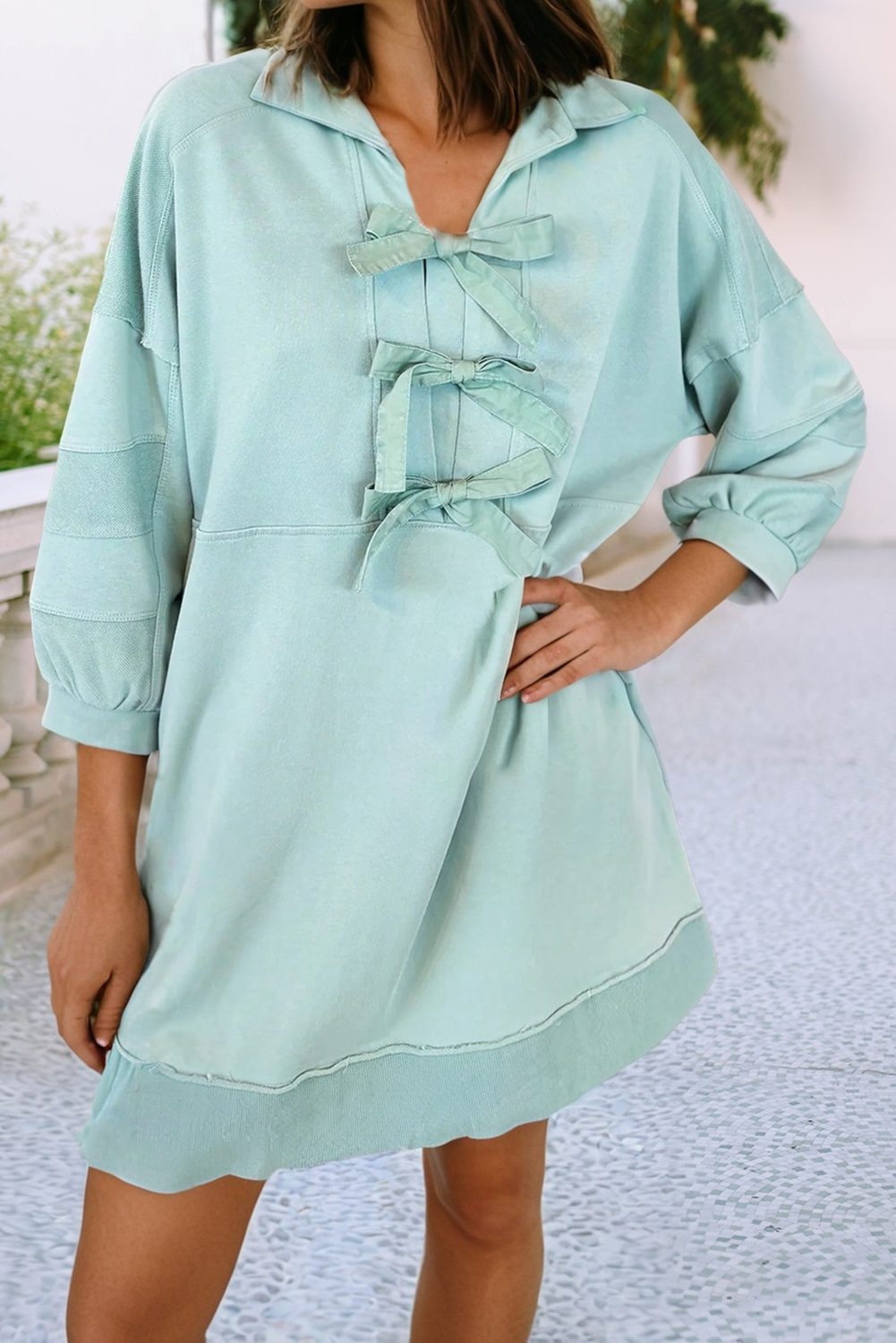 Bow Bracelet Sleeve Collared Side Pocket Mini Dress