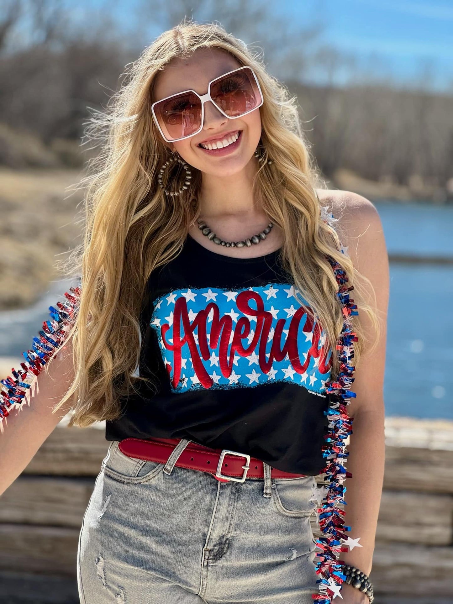 America on Stars in Red Metallic Puff Vneck & Tank