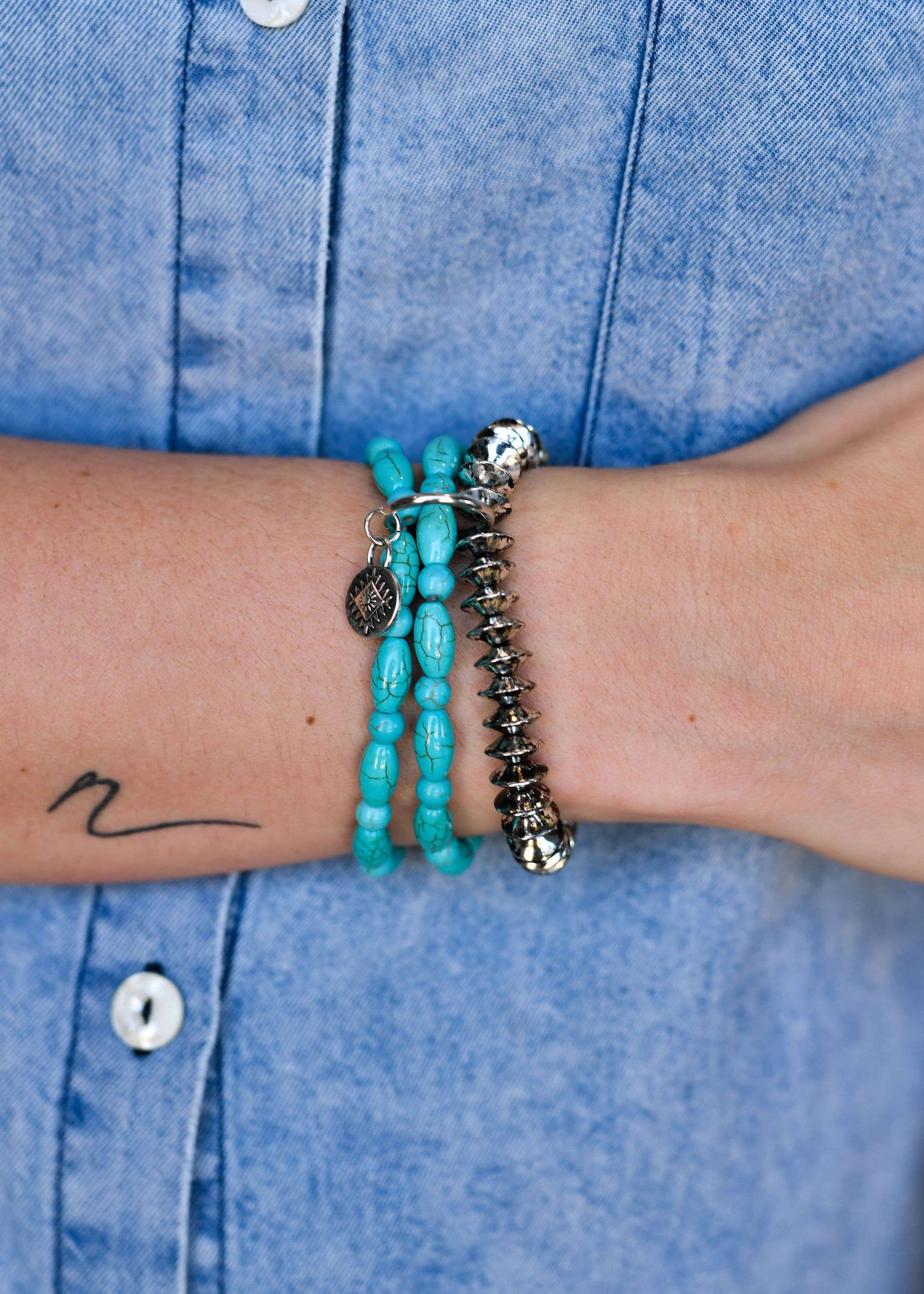 3 Strand Turquoise & Silver Disc Bead Stretch Bracelet