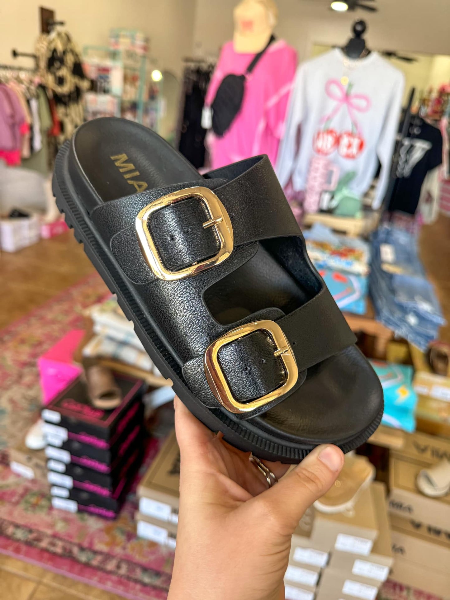 MIA Black Gold Buckle Sandals