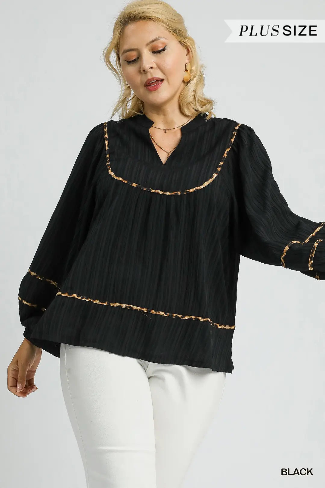 Black Textured 3/4 Sleeve Leopard Contrast Top