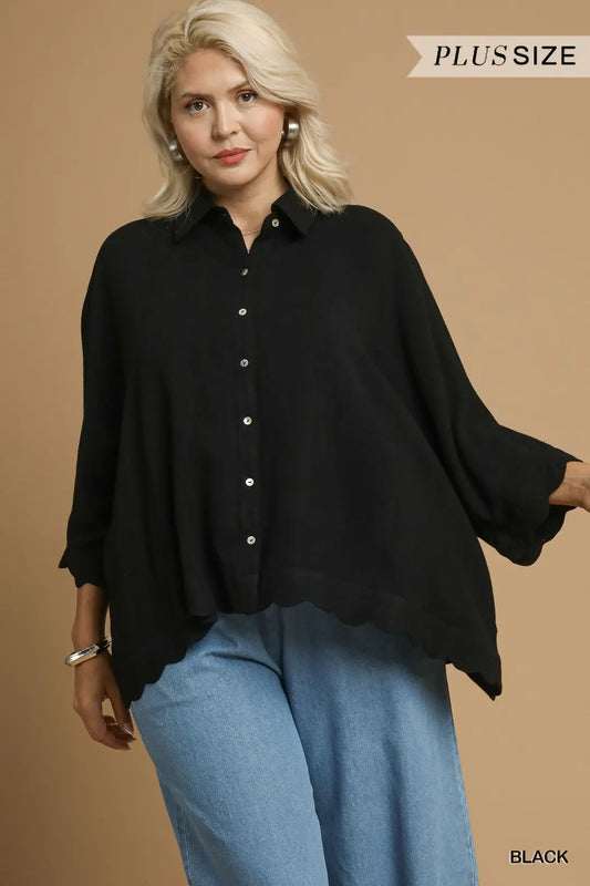 Linen Scallop Hem Button-Down Blouse