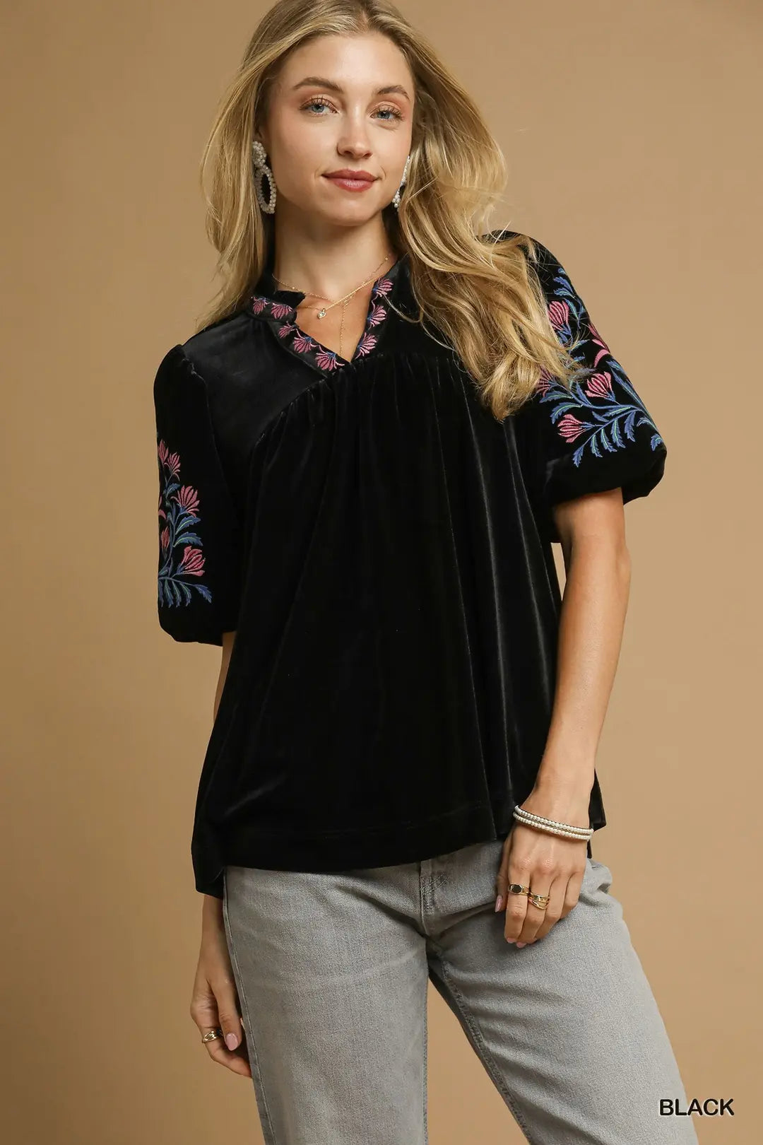 Velvet Colored Embroidered Sleeve Blouse