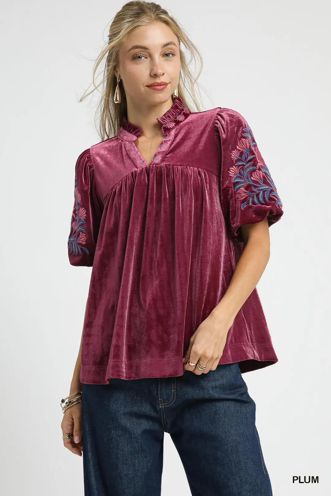 Velvet Colored Embroidered Sleeve Blouse