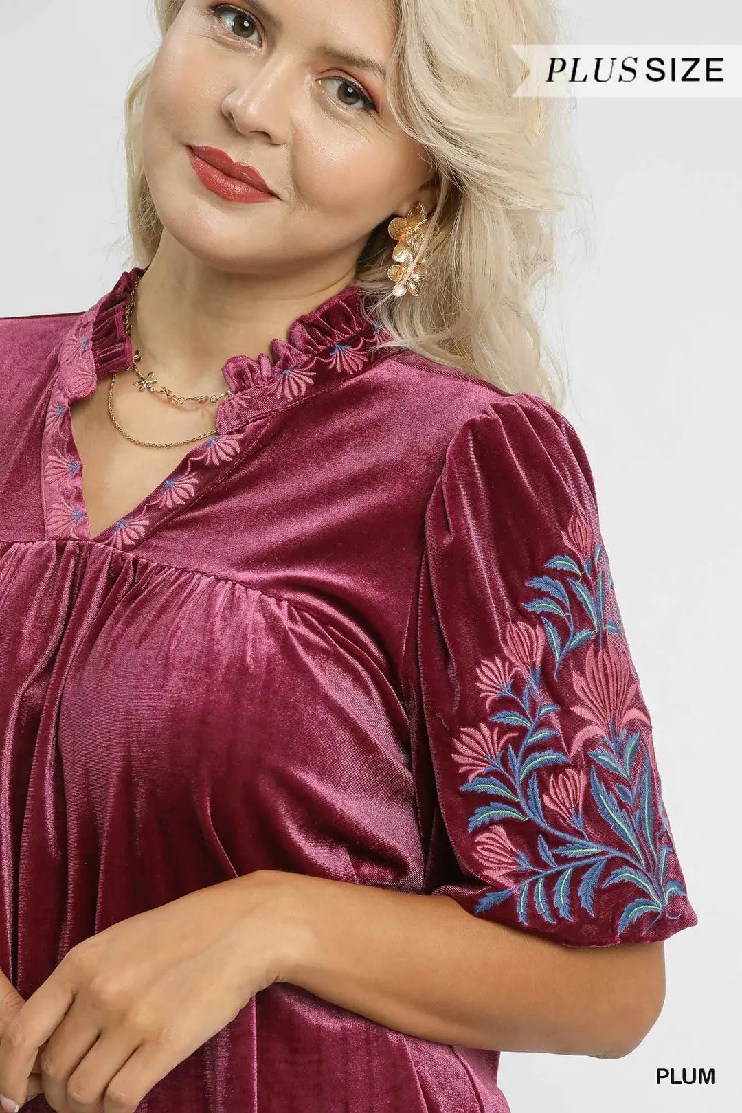 Velvet Colored Embroidered Sleeve Blouse
