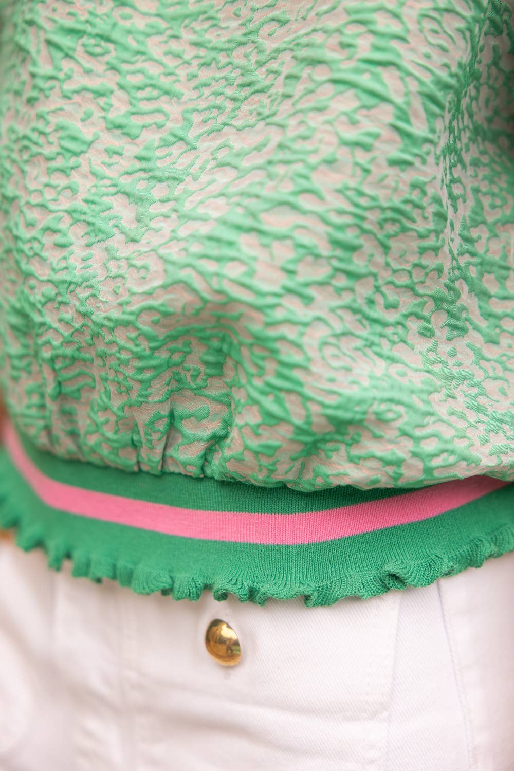 Ruffle Neck Bubble Sleeve Striped Jacquard Top