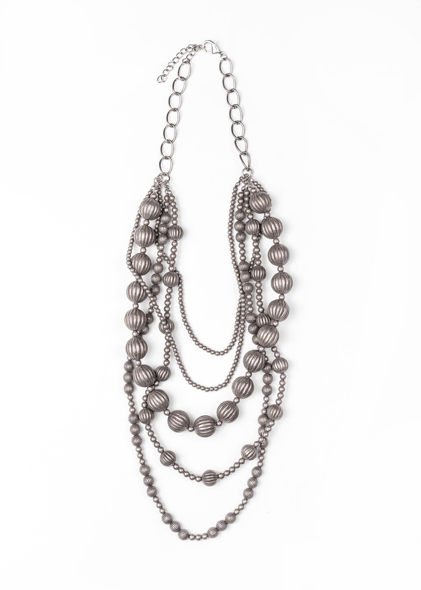 24" 5 Strand Worn Silver Melon Bead Necklace