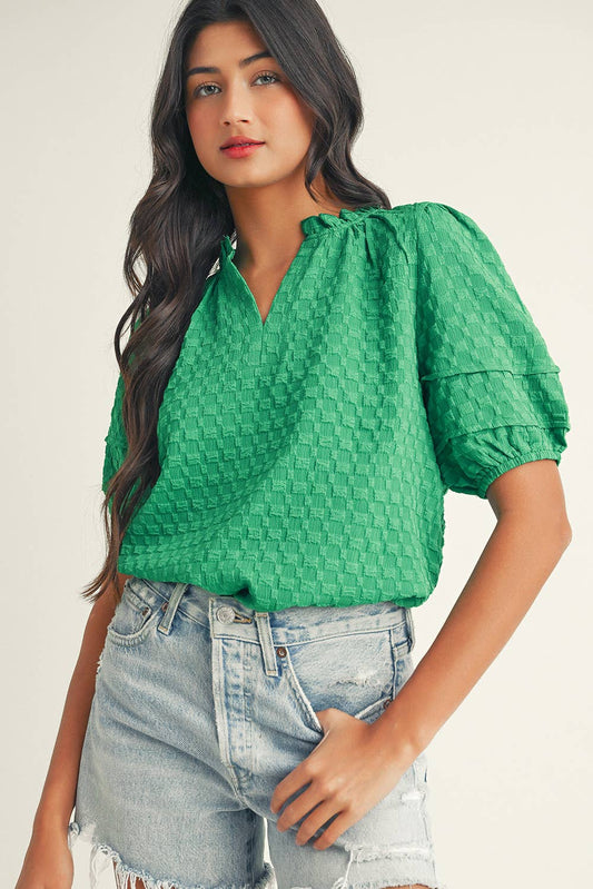 LDC Textured Puff Short Sleeve Notched V Neck Top