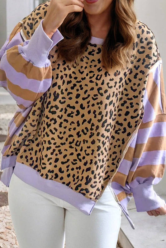 Leopard Striped Color Block Side Slits Sweatshirt