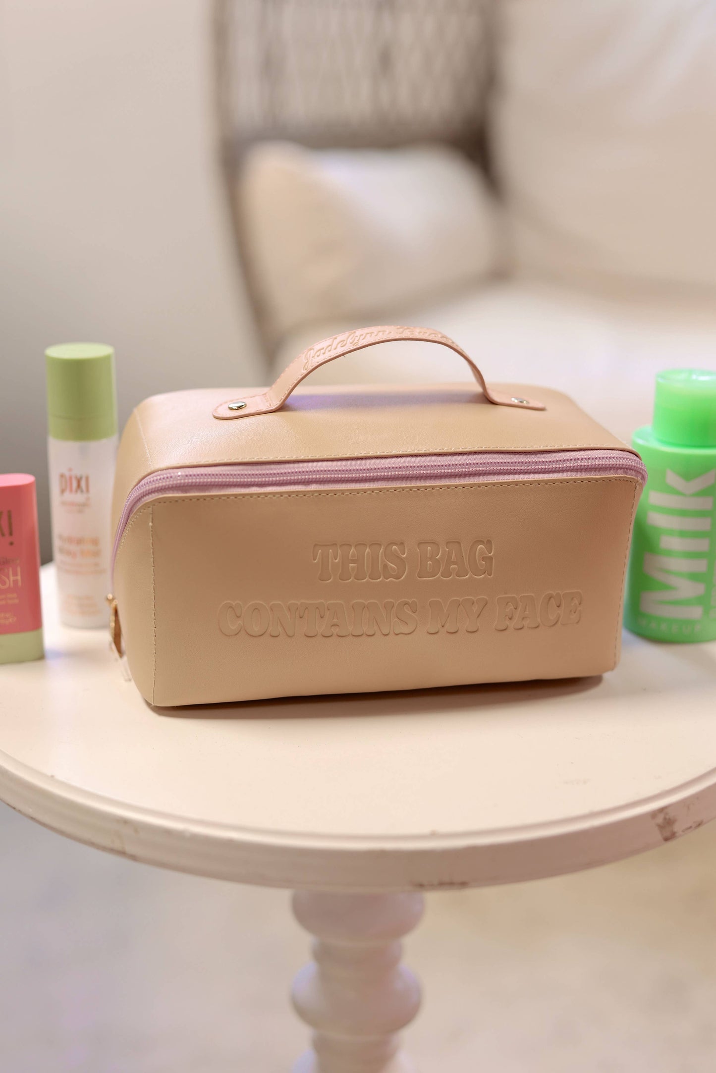 Hold All Make Up Bag-This Bag Contains My Face(Tan/Lavender)