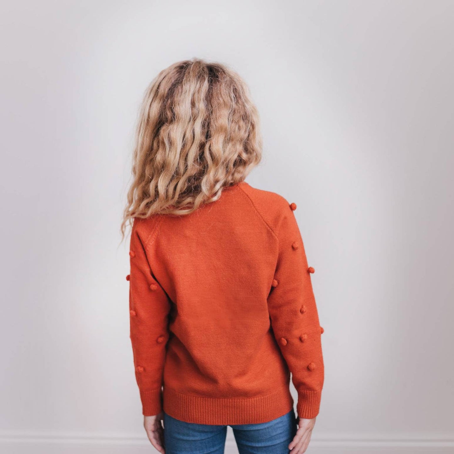 Kids Rust Pom Pom Fall Winter Scalloped Crew Neck Sweater