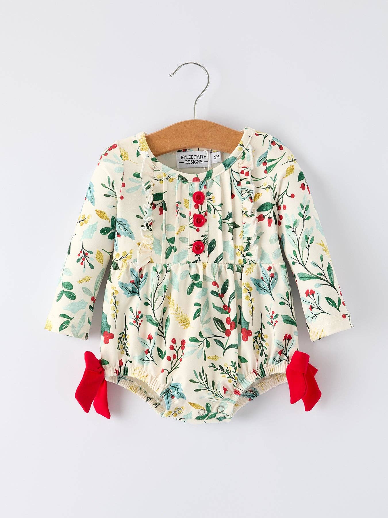 Baby Girls Christmas Romper – Holiday Bow Long Sleeve Outfit