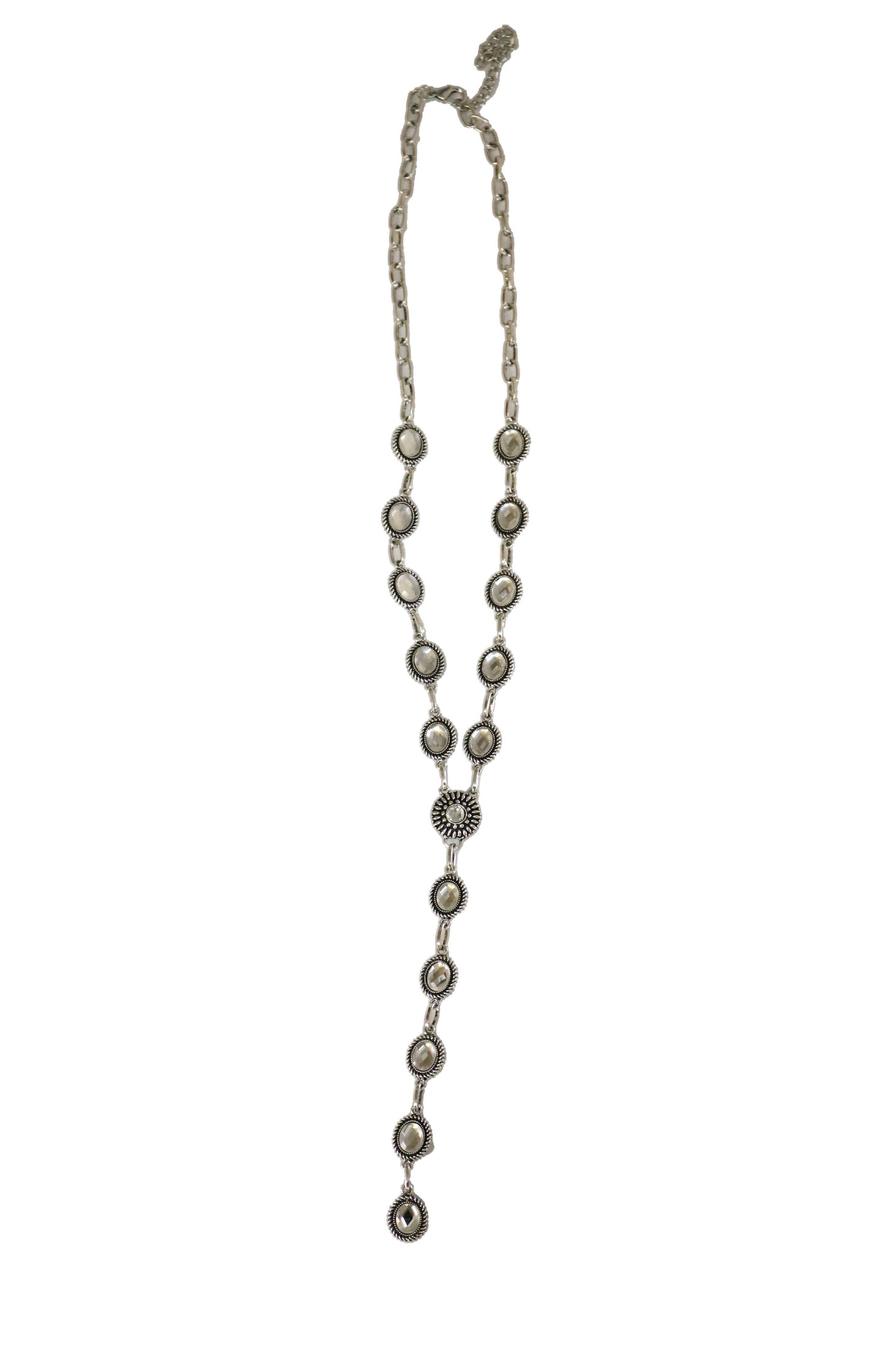 24" Dainty Silver Oval Rhinestone Concho Lariat Necklace